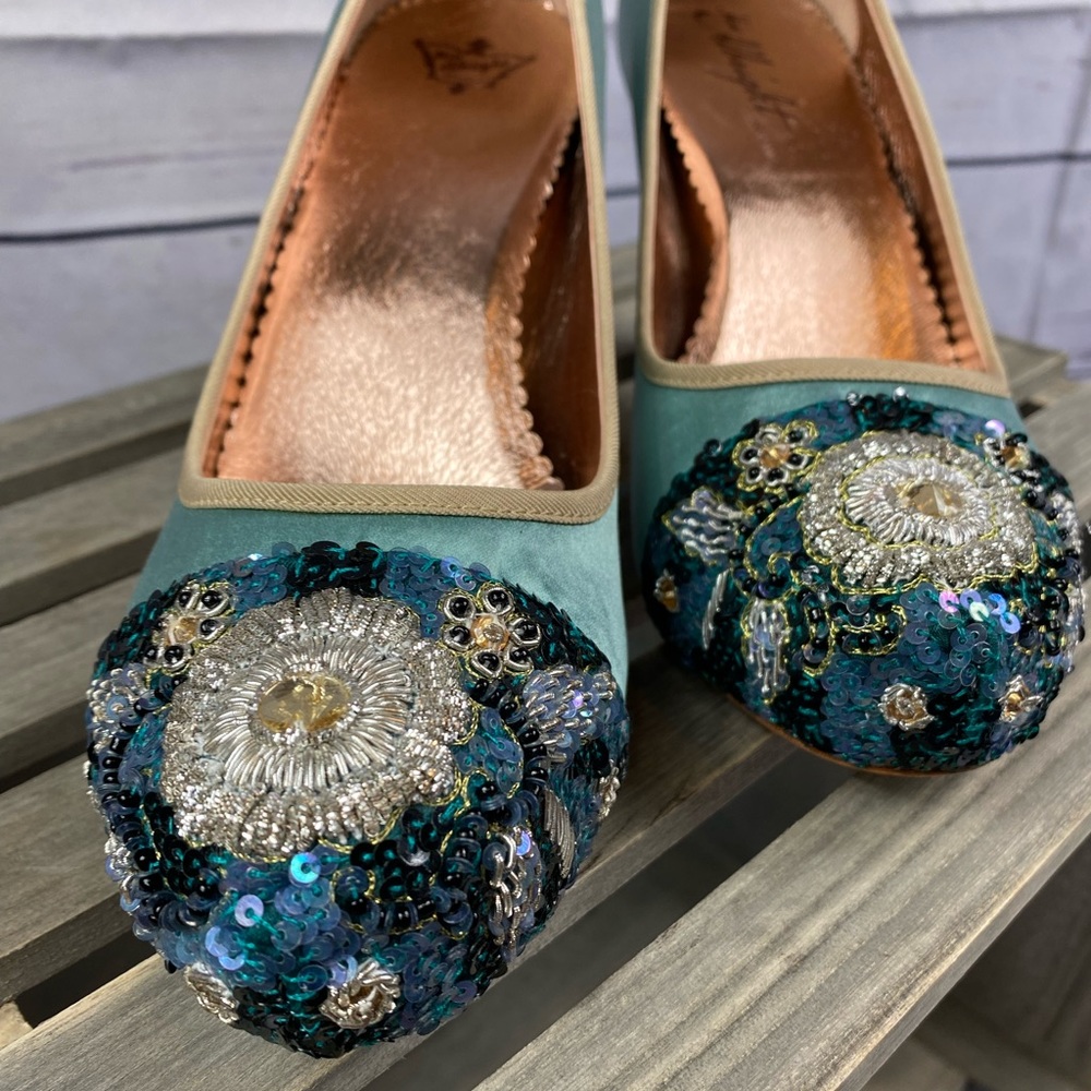 NIB Anthropologie Miss Albright Specialty Satin Beaded Turquoise Pumps - 9 US